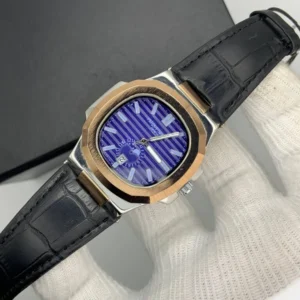 Luxurious Gold Watch with Black Leather Strap ( Blue Dial )